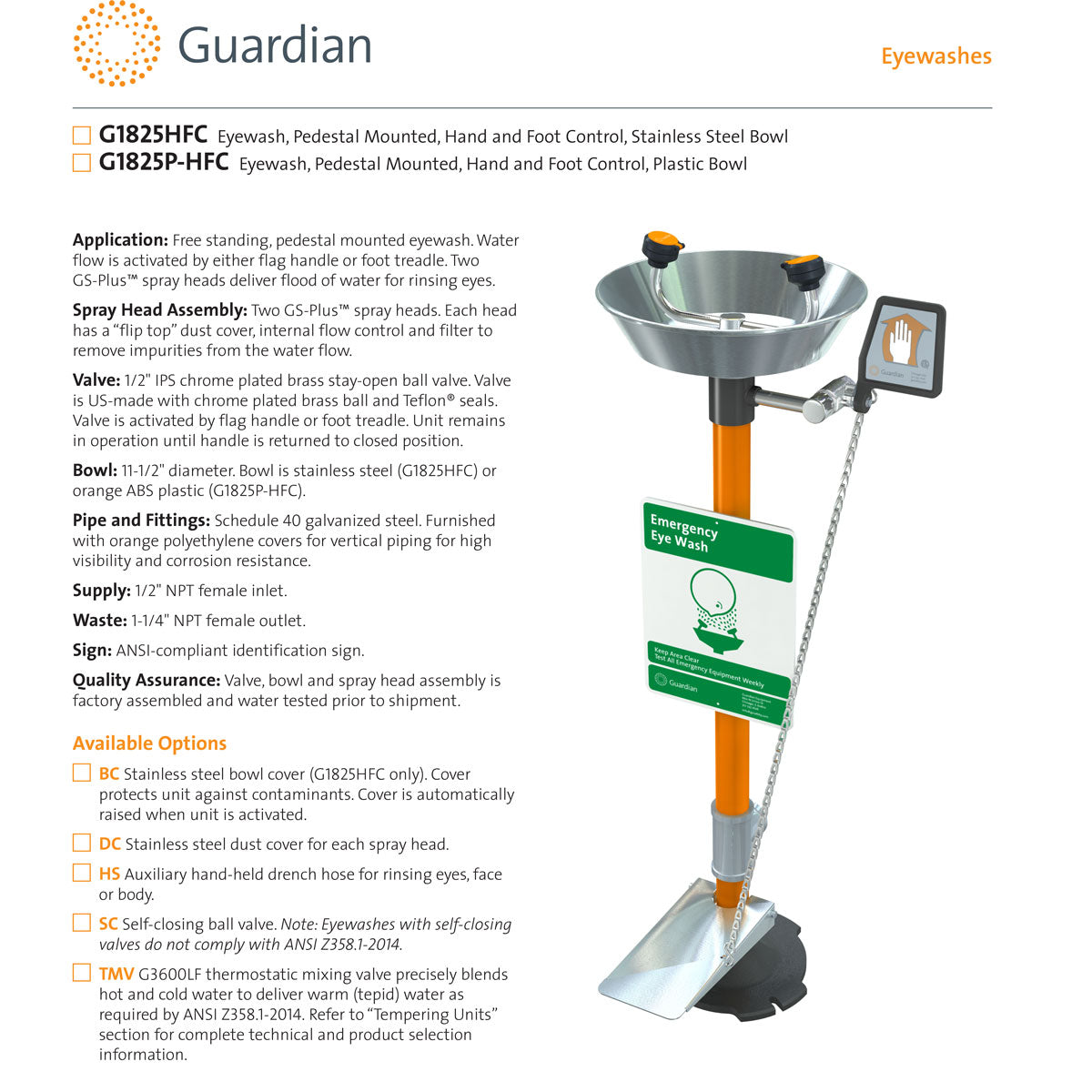 Guardian G1825P-HFC Pedestal Mount Emergency Eyewash