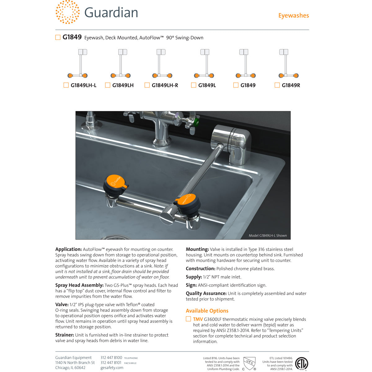 Guardian G1849 Eyewash Station, Deck Mounted, Swing-Down