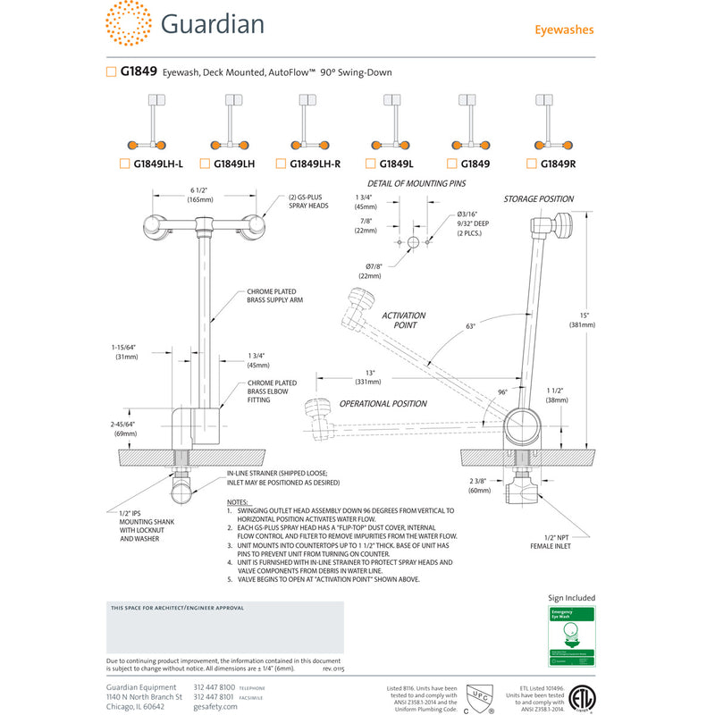 Guardian G1849 Eyewash Station, Deck Mounted, Swing-Down