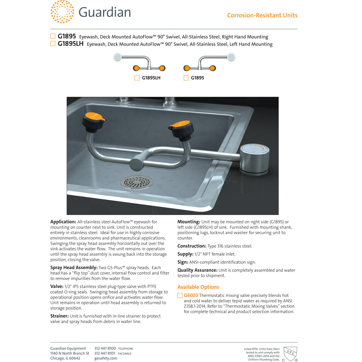 Guardian G1895LH Deck Mtd Auto-flow Eye Wash