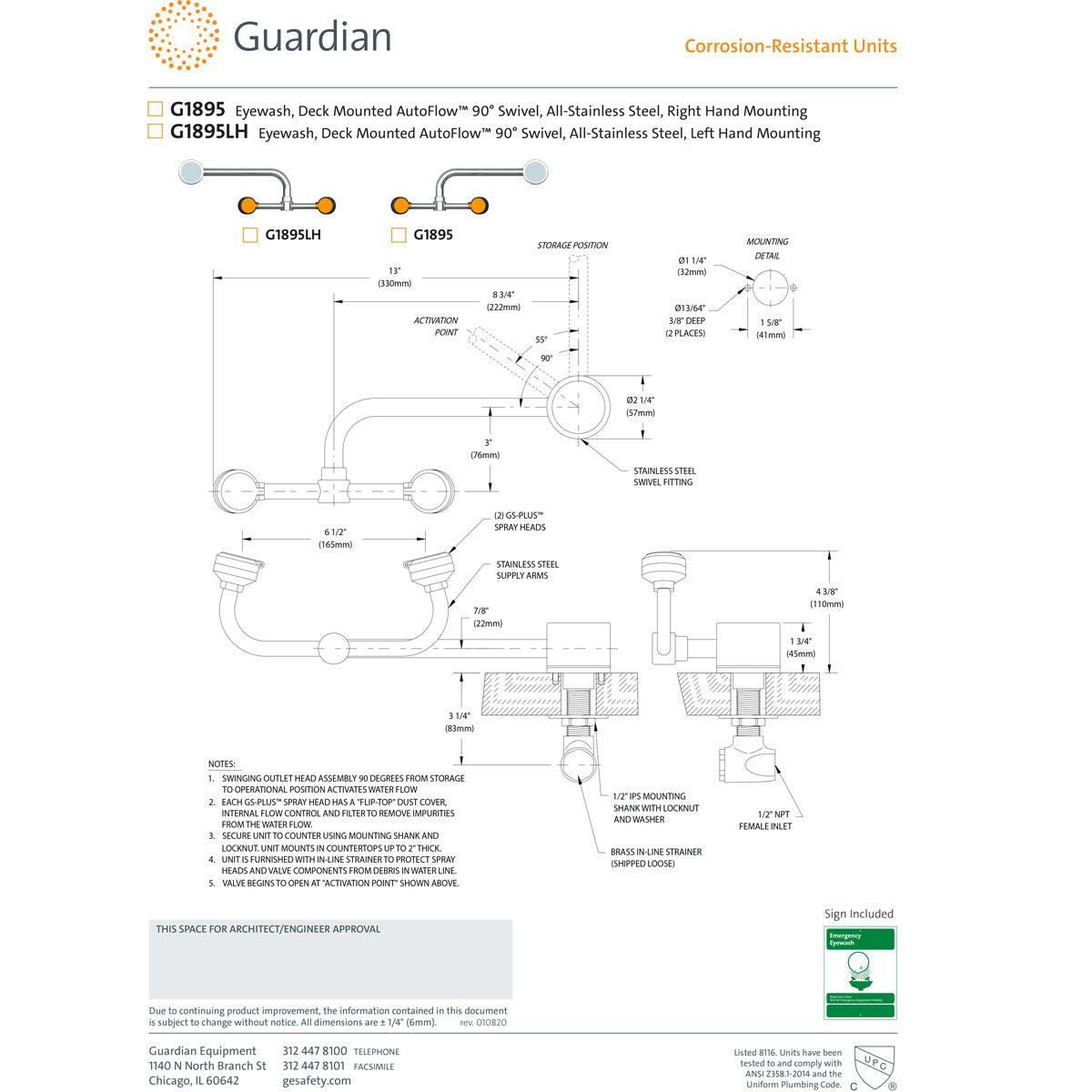 Guardian G1895LH Deck Mtd Auto-flow Eye Wash