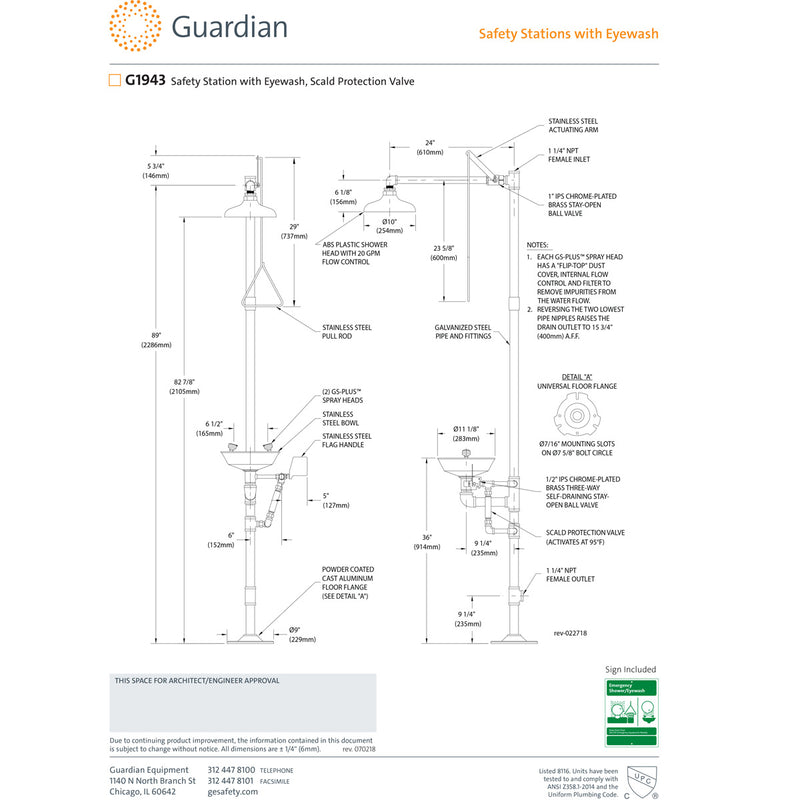 Guardian G1943 Safety Shower with Eyewash, Scald Protection Valve