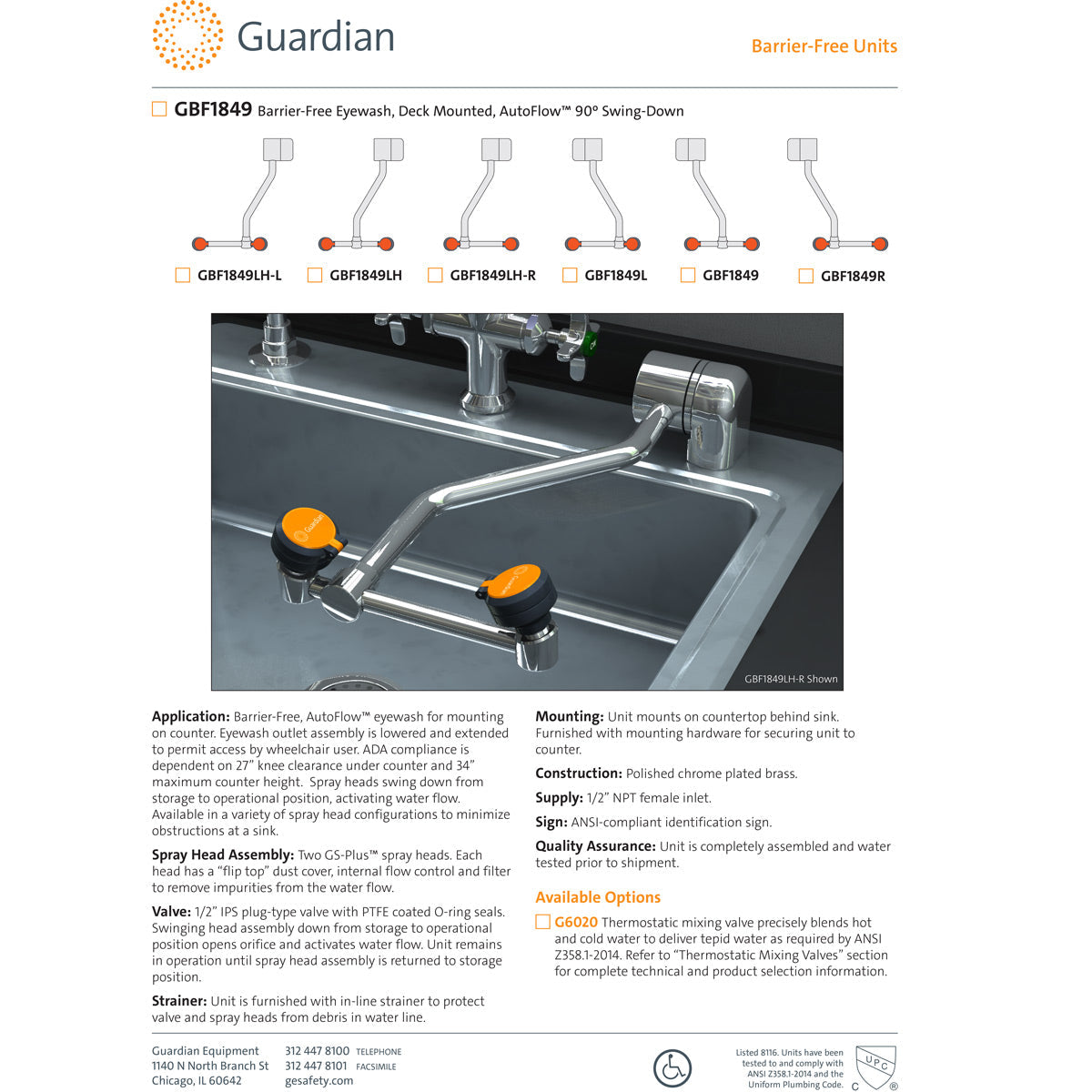 Guardian GBF1849LH-R Barrier-Free Eyewash, Deck Mounted, Swing Down