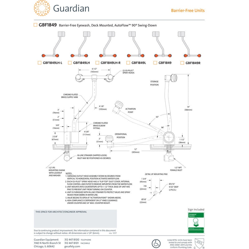 Guardian GBF1849LH Barrier-Free Eyewash, Deck Mounted