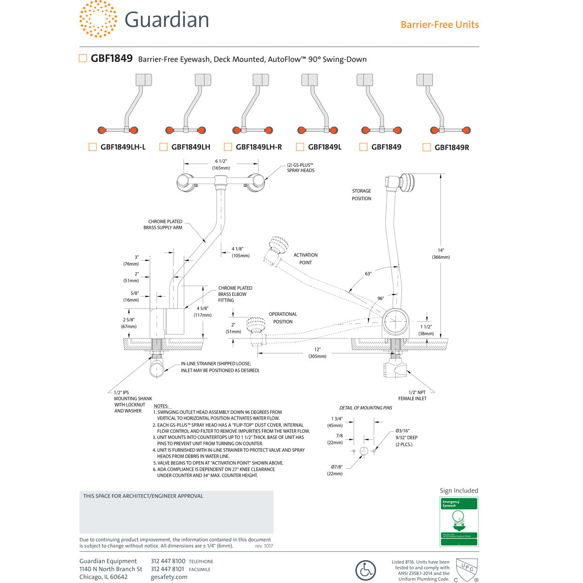 Guardian GBF1849LH-R Barrier-Free Eyewash, Deck Mounted, Swing Down