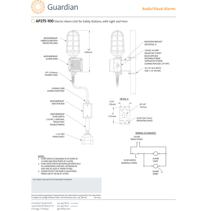Guardian AP275-100 Electric Alarm Unit for Eyewash Drench Shower Safety Stations