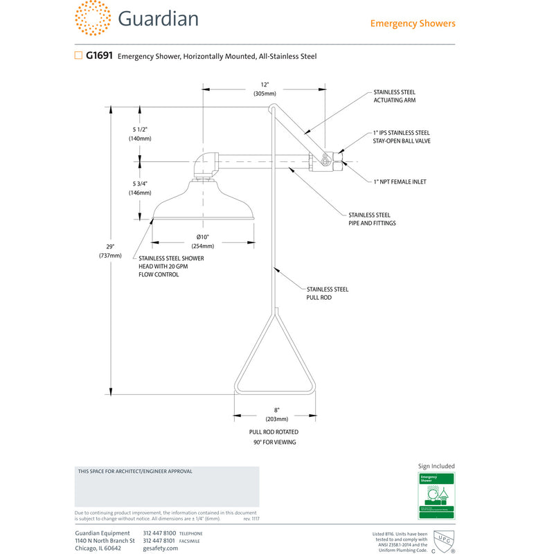 Guardian G1691 Emergency Drench Shower, Horizontally Mounted, All-Stainless Steel