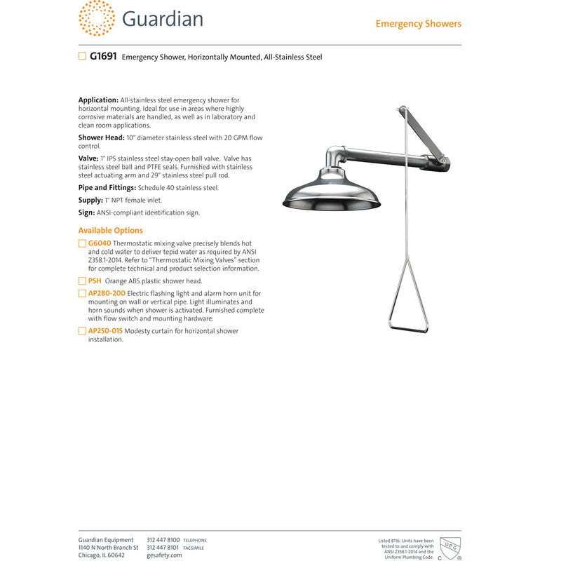 Guardian G1691 Emergency Drench Shower, Horizontally Mounted, All-Stainless Steel