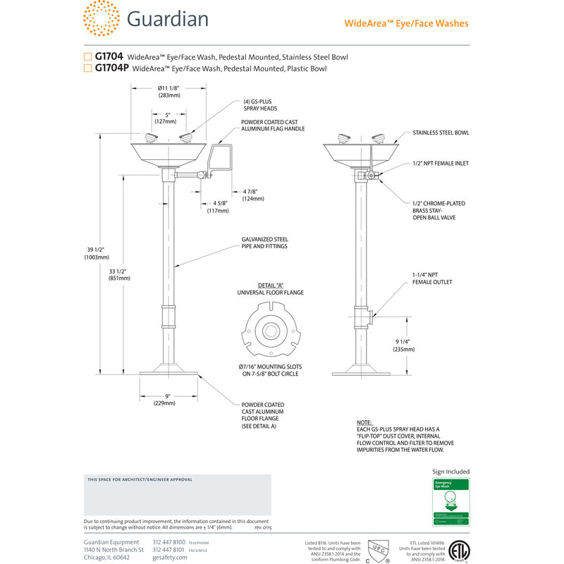 Guardian G1704 Eye/Face Wash, Pedestal Mounted, Stainless Steel Bowl