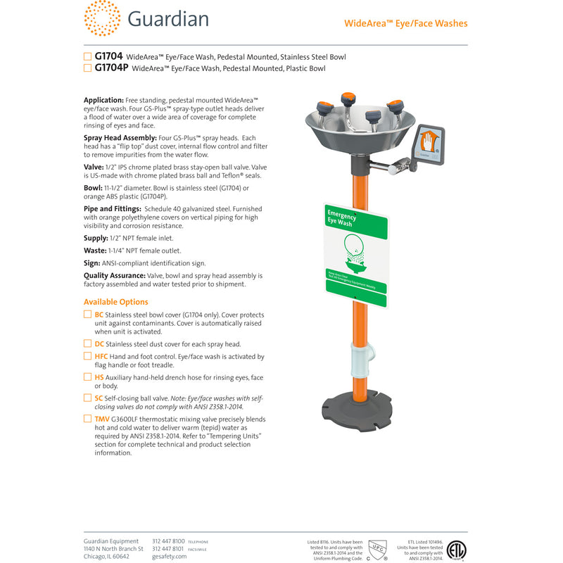 Guardian G1704 Eye/Face Wash, Pedestal Mounted, Stainless Steel Bowl