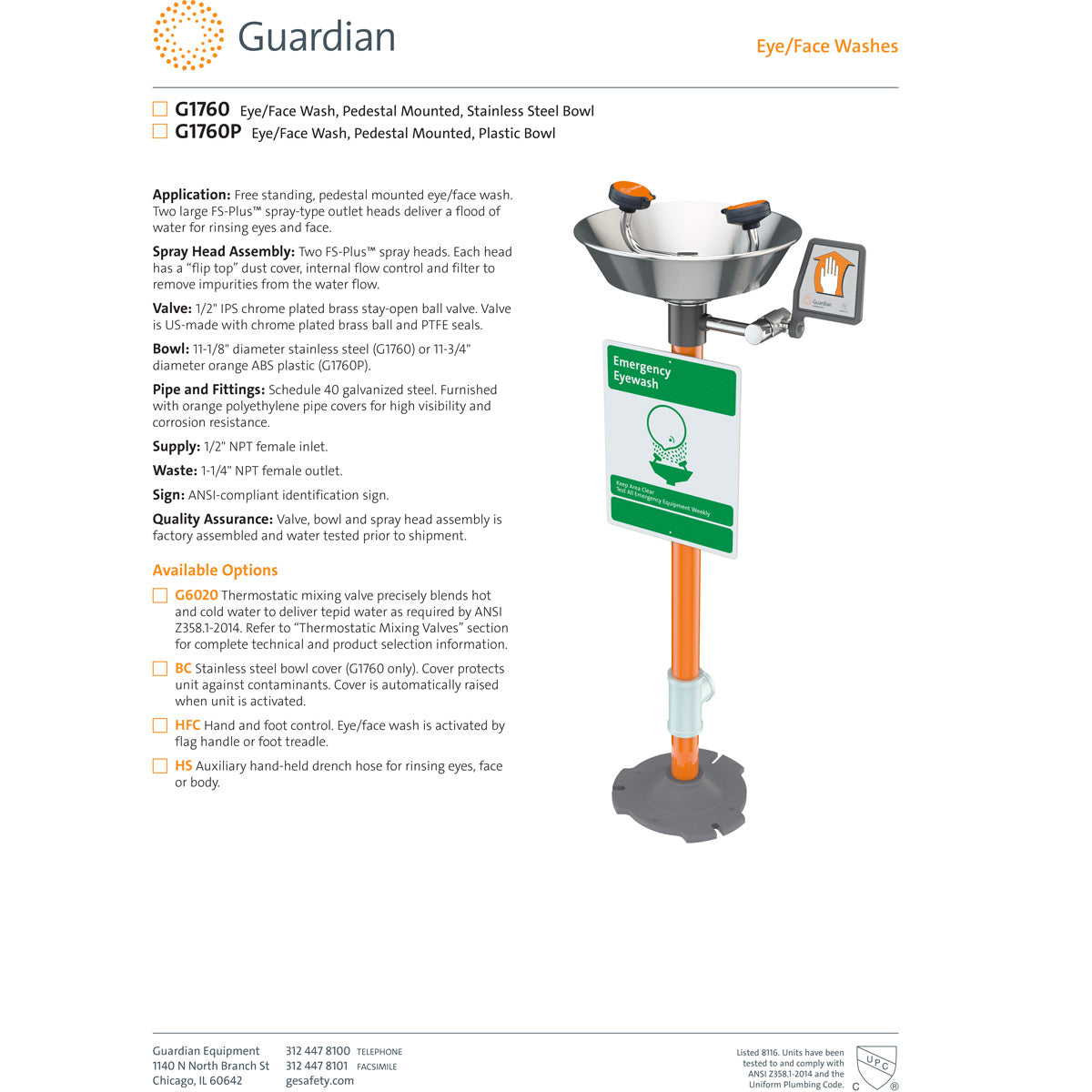 Guardian G1760 Pedestal Mount Eye/Face Wash Station, Steel Bowl