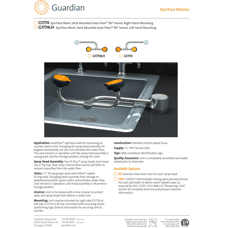 Guardian G1774 Eye/Face Wash Station, Deck Mounted, Right Hand Mounting
