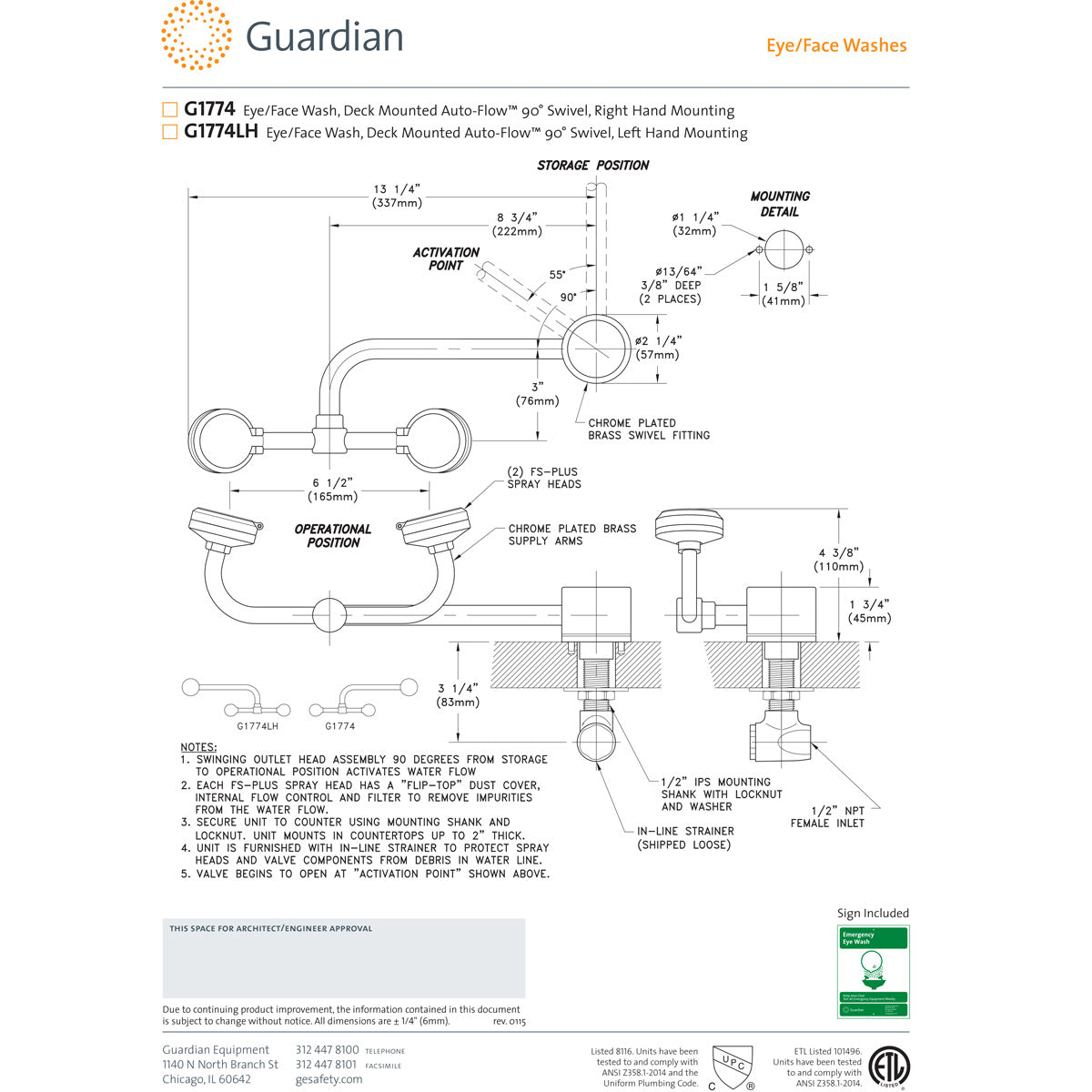 Guardian G1774LH Eye/Face Wash Station, Deck Mounted, Left Hand Mounting