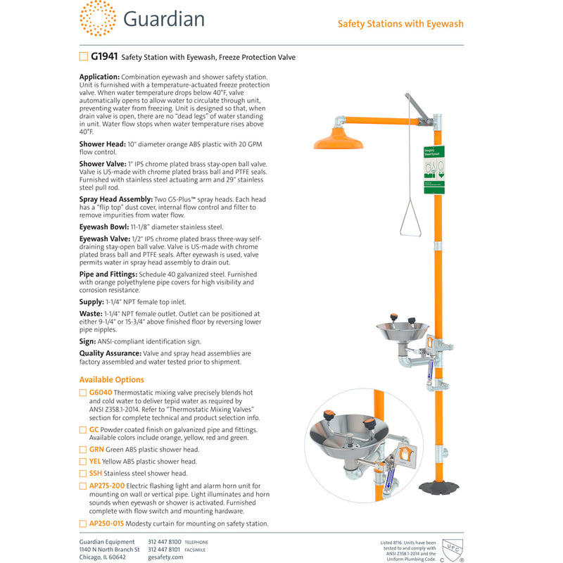 Guardian G1941 Safety Shower with Eyewash, Freeze Protection Valve