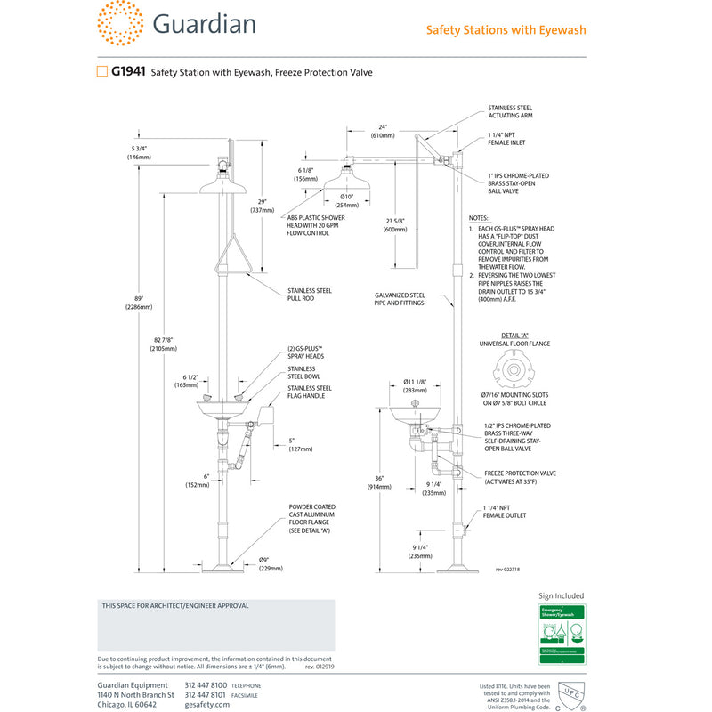 Guardian G1941 Safety Shower with Eyewash, Freeze Protection Valve