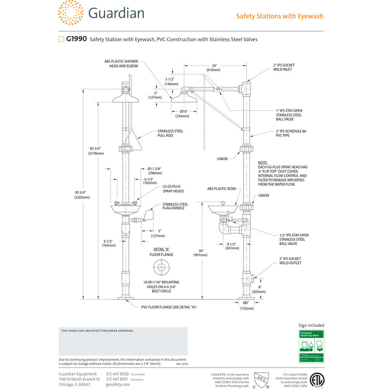Guardian G1990 Safety Shower with Eyewash Station, PVC Construction with Stainless Steel Valves
