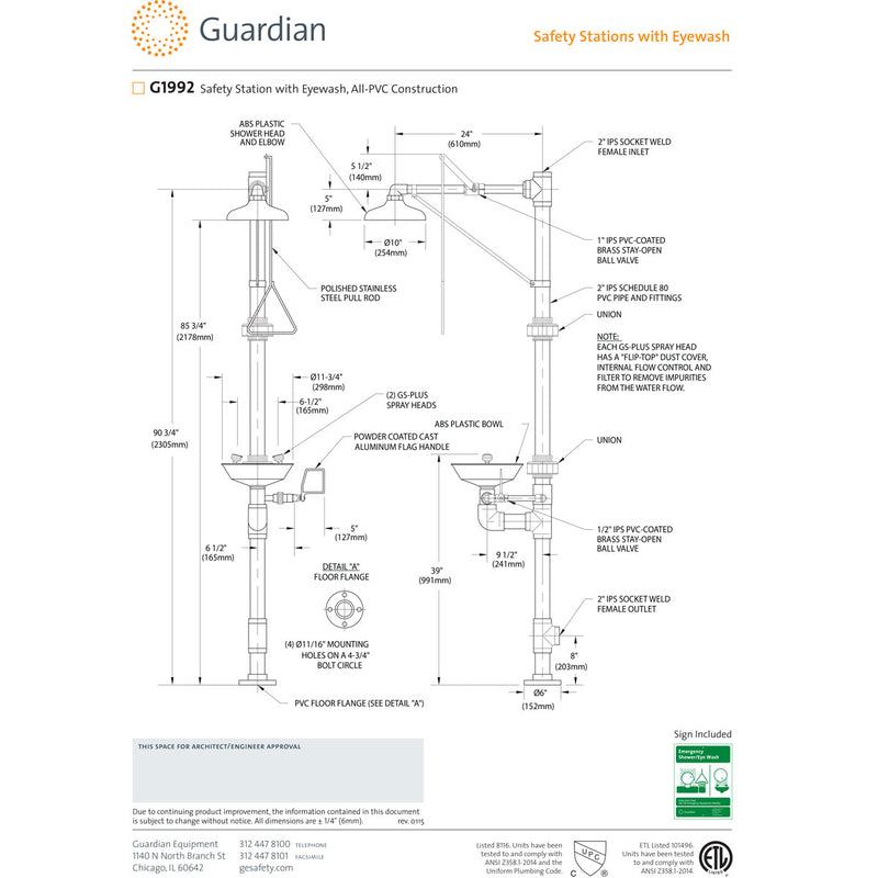 Guardian G1992 PVC Emergency Drench Shower with Eyewash Station - Replaced w/ Guardian G1990 (Stainless Steel Valves vs PVC)