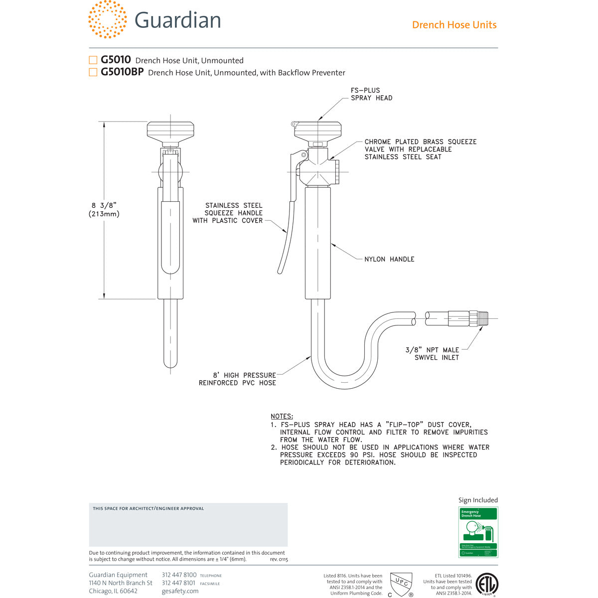 Guardian G5010 Unmounted Emergency Drench Hose Unit | EyewashDirect.com