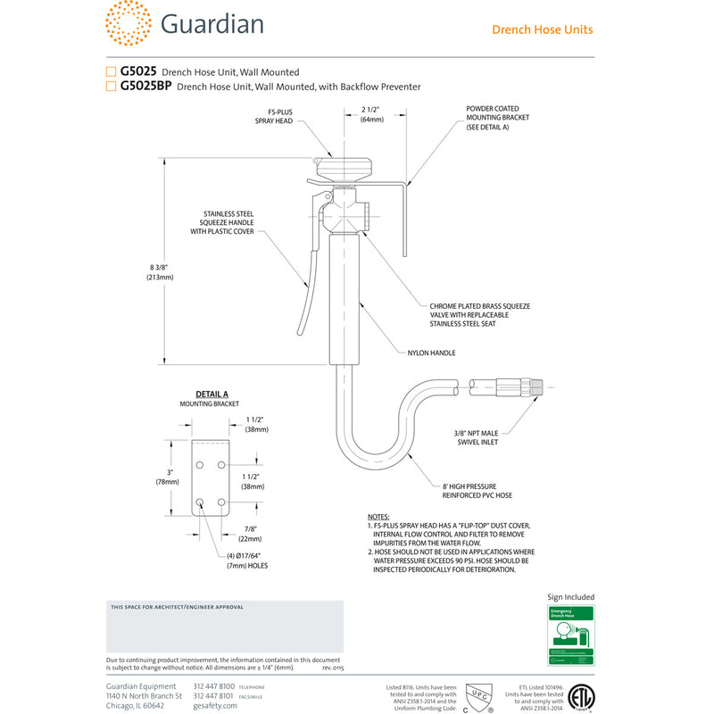 Guardian G5025 Wall Mount Single Head Eyewash Drench Hose Unit