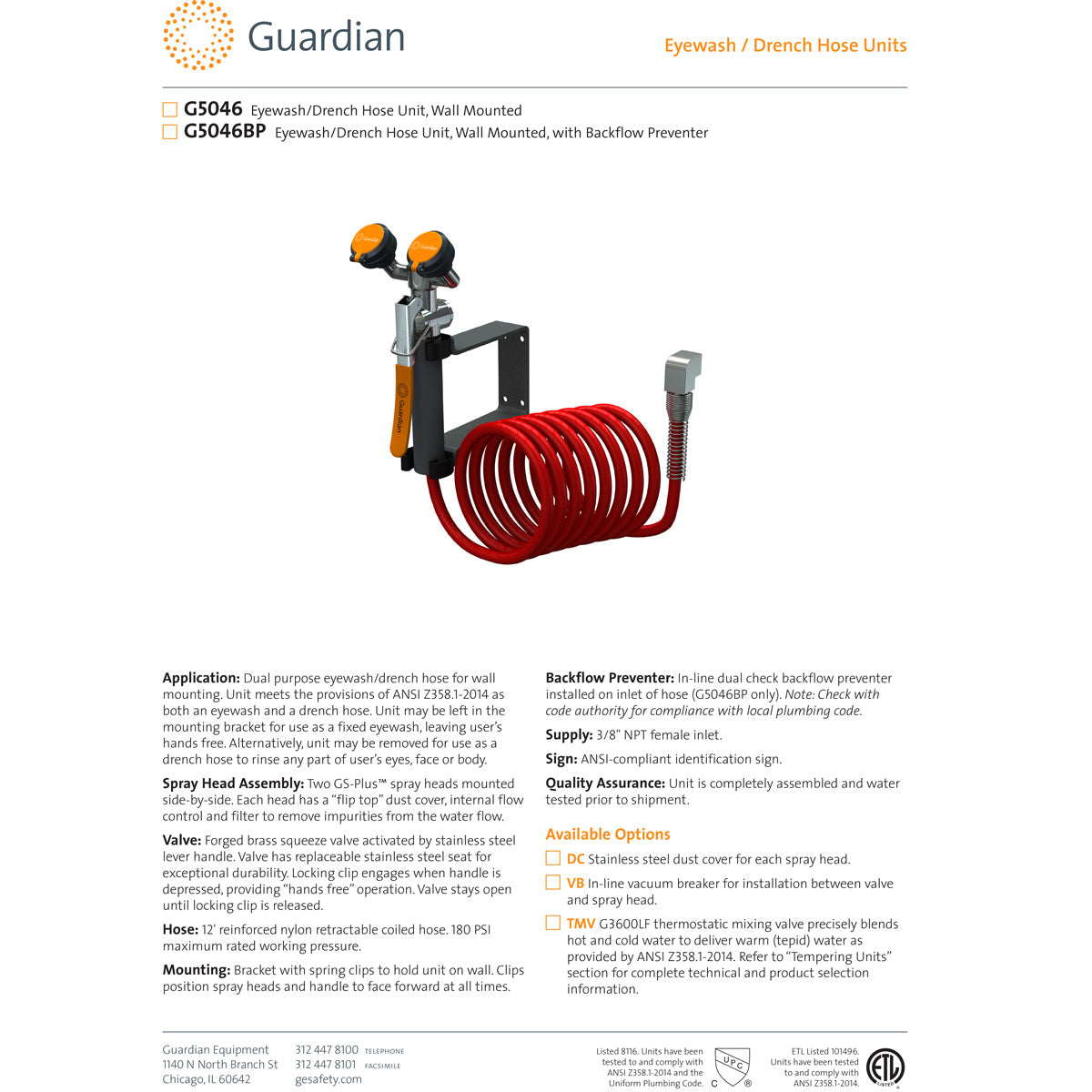Guardian G5046BP Eyewash/Drench Hose Unit, Wall Mounted, With Backflow