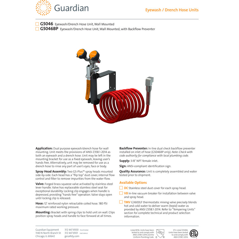 Guardian G5046BP Eyewash/Drench Hose Unit, Wall Mounted, Includes Backflow Preventer