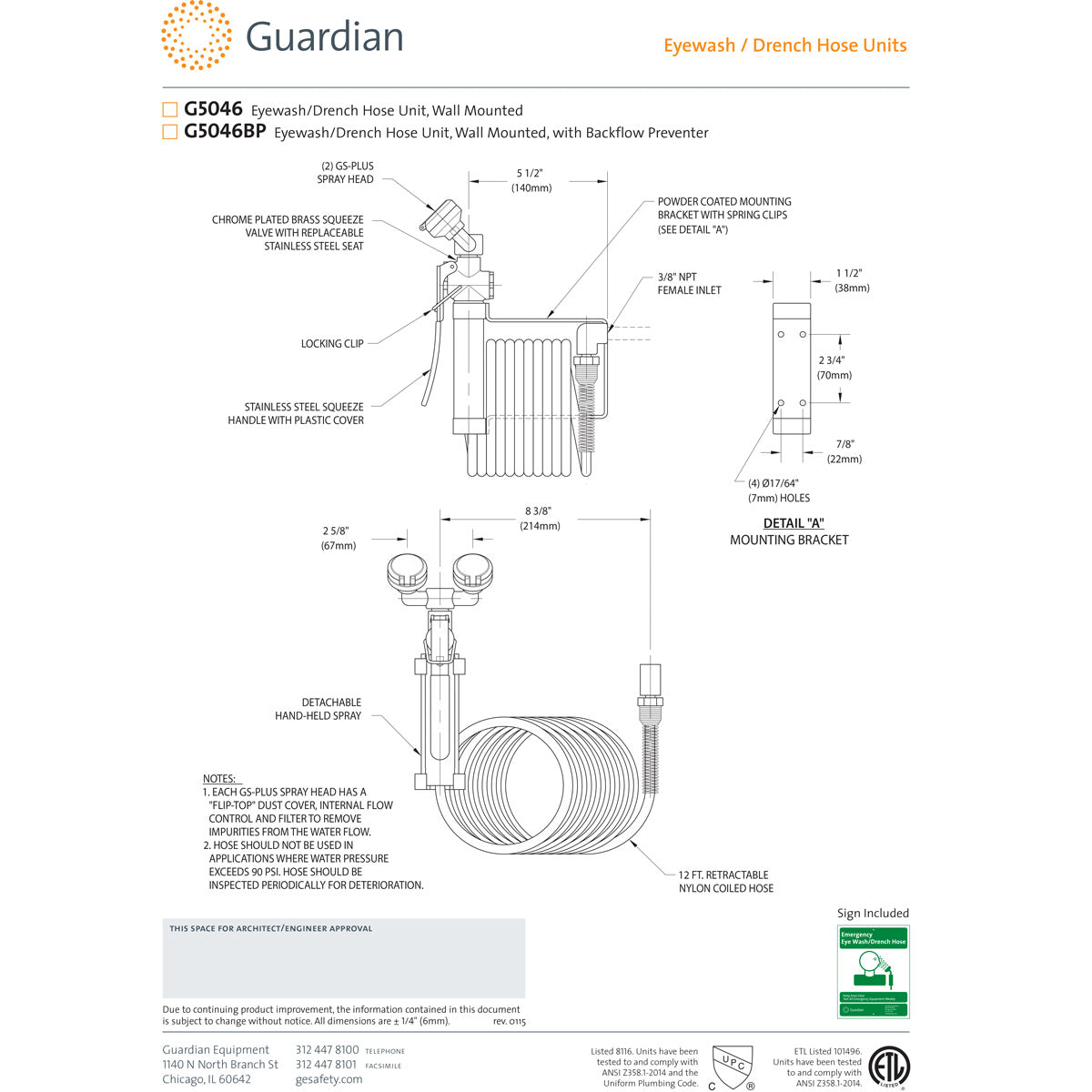Guardian G5046 Eyewash/Drench Hose Unit, Wall Mounted