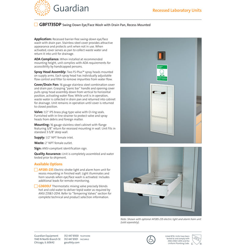 Guardian GBF1735DP Swing-Down Eye/Face Wash Station, Recess Mounted