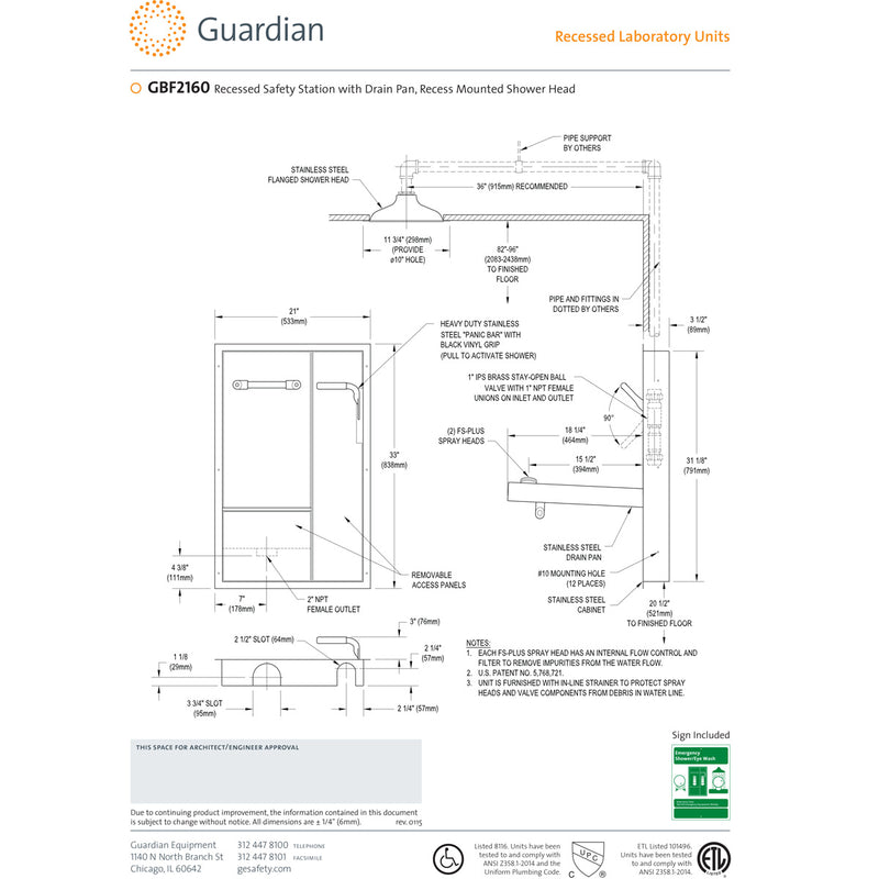 Guardian GBF2160 Recessed Laboratory Emergency Shower Eyewash Station