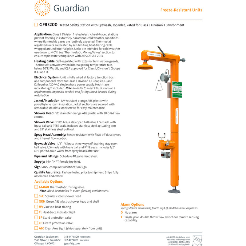 Guardian GFR3200 Heated Safety Station with Eyewash, Top Inlet, Rated for Class I, Division 1 Environment