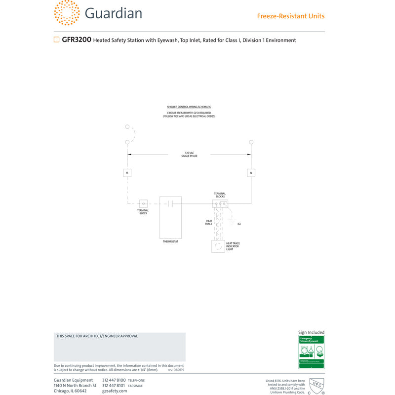 Guardian GFR3200 Heated Safety Station with Eyewash, Top Inlet, Rated for Class I, Division 1 Environment