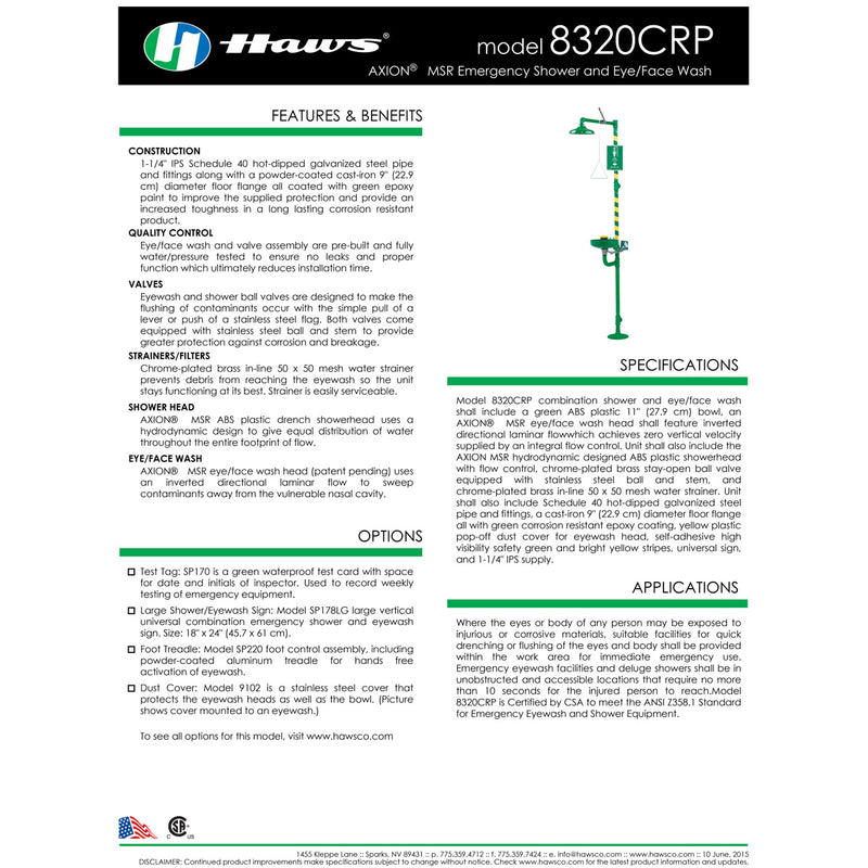 Haws 8320CRP AXION MSR Corrosion Resistant Eyewash Station Shower