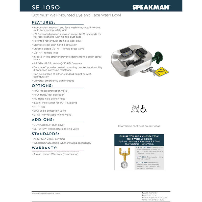 Speakman SE-1050 Optimus Eye And Face Wash Bowl Wall Mount System