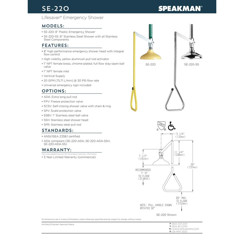 Speakman Lifesaver SE-220-30GPM Vertical Emergency Shower - SE-220-30GPM