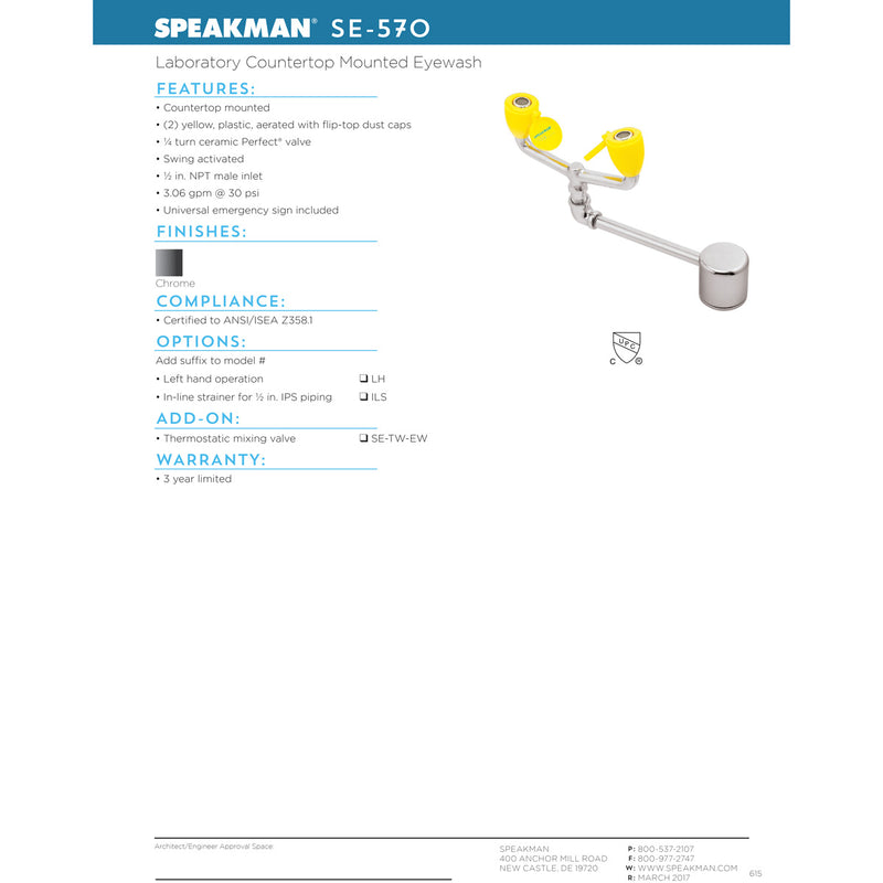 Speakman SE-570-LH Eyewash, Tabletop mounted, Left Hand