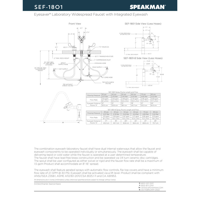 Speakman SEF-1801 Eyesaver Eye Wash Faucet Combination Widespread Laboratory Faucet