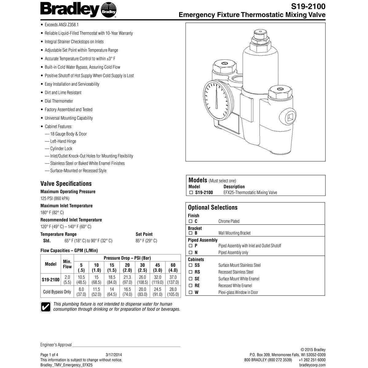 Bradley S19-2100 Eyewash Safety Shower Thermostatic Mixing Valve 26 GPM