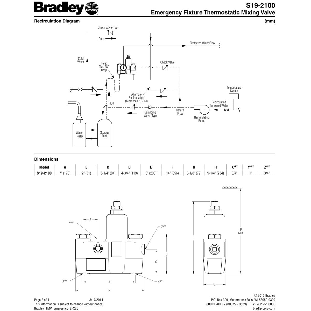 Bradley S19-2100 Eyewash Safety Shower Thermostatic Mixing Valve 26 GPM