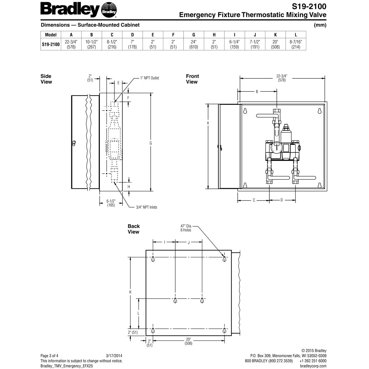 Bradley S19-2100 Eyewash Safety Shower Thermostatic Mixing Valve 26 GPM
