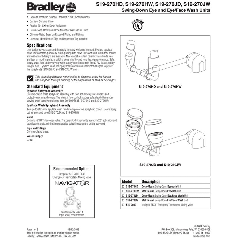 Bradley S19-270HW Swing Down Laboratory Emergency Eyewash Wall Mount, Sold Out: Unit Replaced w/ Bradley S19274HW