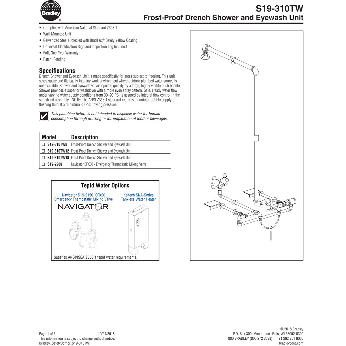 Bradley S19-310TW8 Shower Eyewash Through Wall