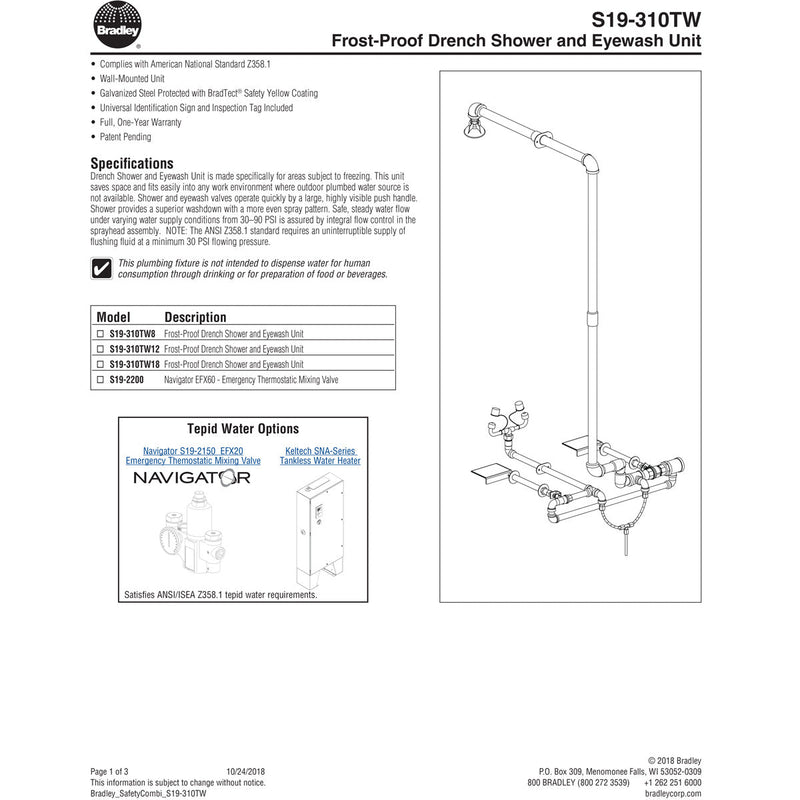 Bradley S19-310TW12 Shower Eyewash Through Wall