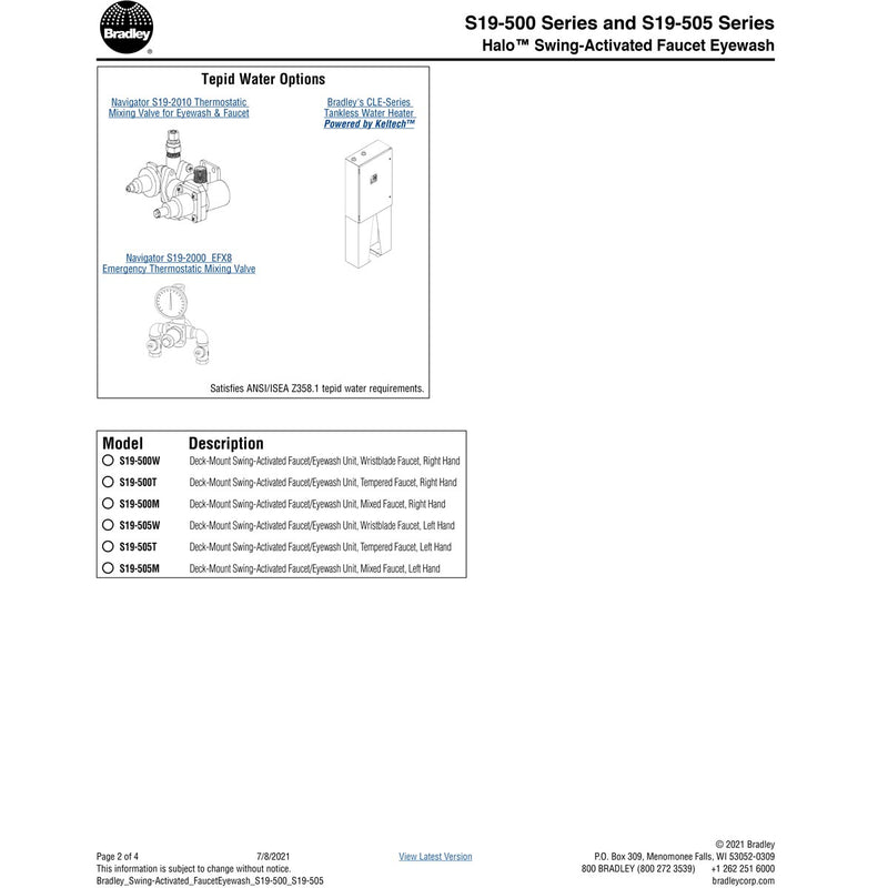 Bradley S19-505T Deck-Mount Swing-Activated Faucet/Eyewash Unit, Tempered Faucet, Left Hand