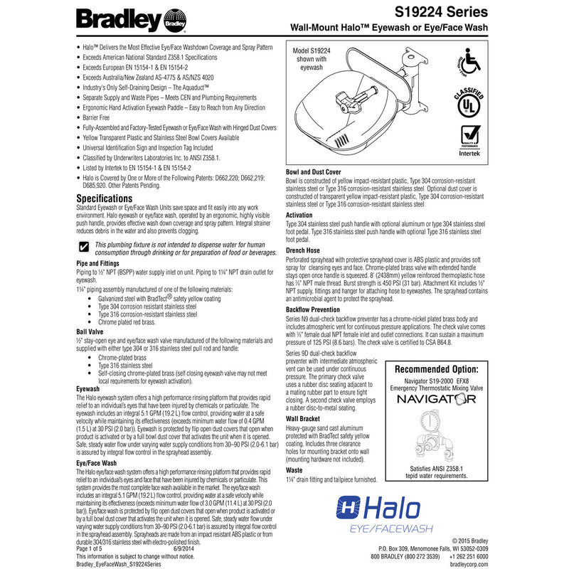 Bradley S19224Y Eye-Face Wash, Stainless Steel Bowl, Hand/Foot Operated