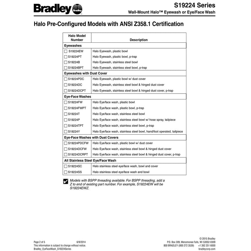 Bradley S19224FWPT Eye-Face Wash, Plastic Bowl, with Tailpiece & P-Trap