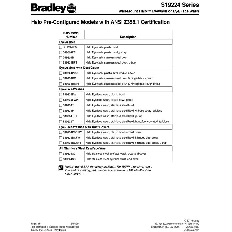 Bradley S19224Y Eye-Face Wash, Stainless Steel Bowl, Hand/Foot Operated