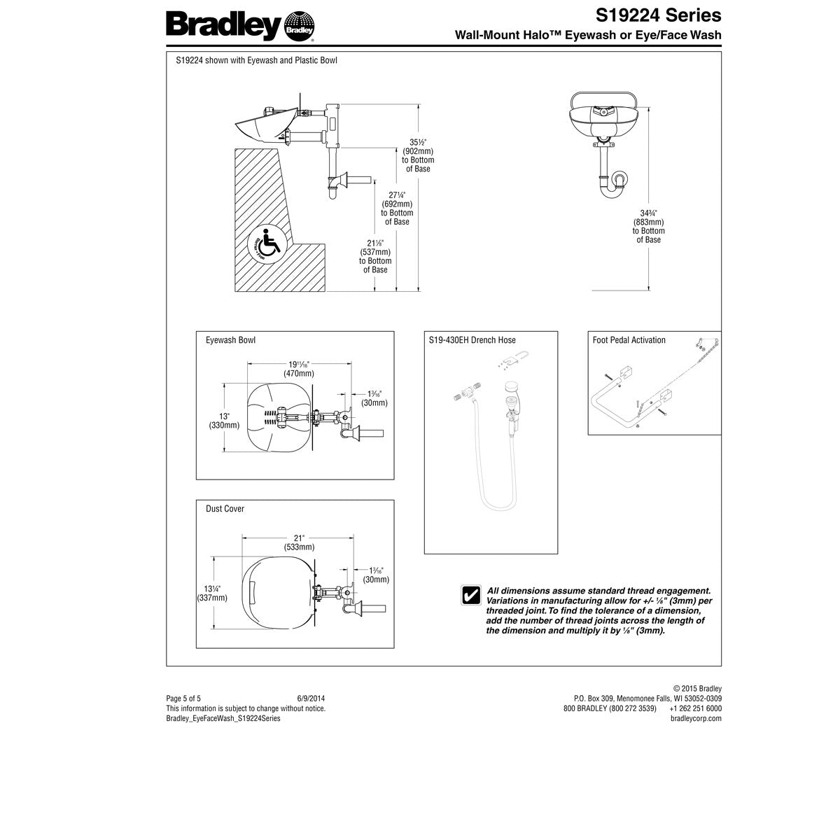 Bradley S19224Y Eye-Face Wash, Stainless Steel Bowl, Hand/Foot Operated