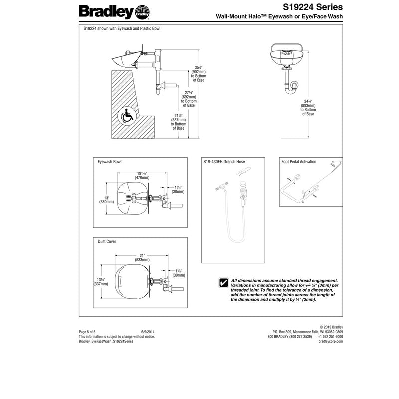 Bradley S19224Y Eye-Face Wash, Stainless Steel Bowl, Hand/Foot Operated