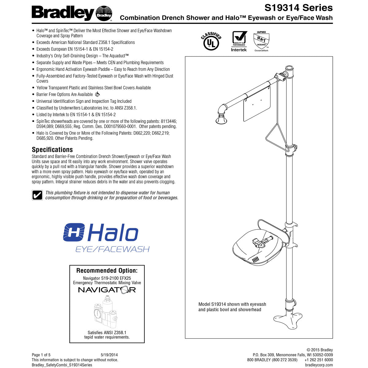 Bradley S19314EW Halo Safety Shower Eyewash Station w/ Plastic Bowl