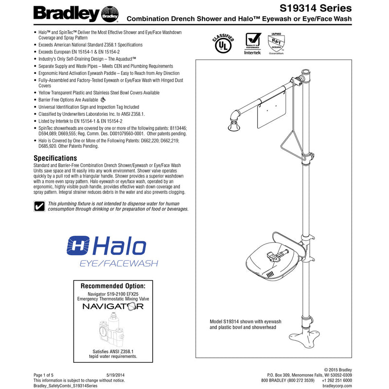 Bradley S19314AC Halo Safety Shower Eye Face Wash, Foot Control