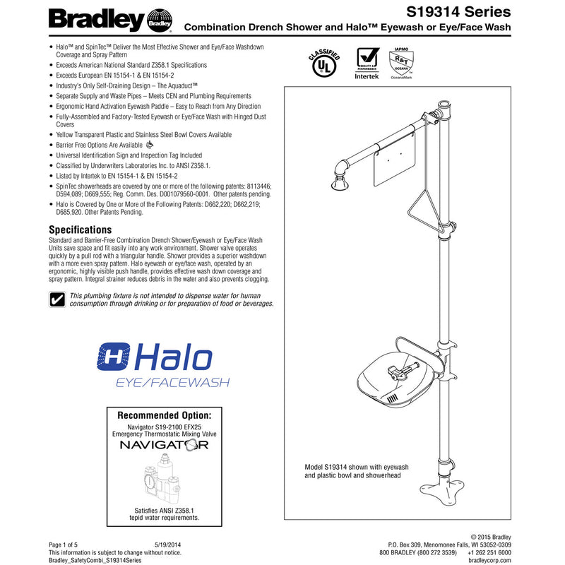 Bradley S19314BF Halo Safety Shower Eye/Face Wash, Barrier Free ADA, SS Bowl